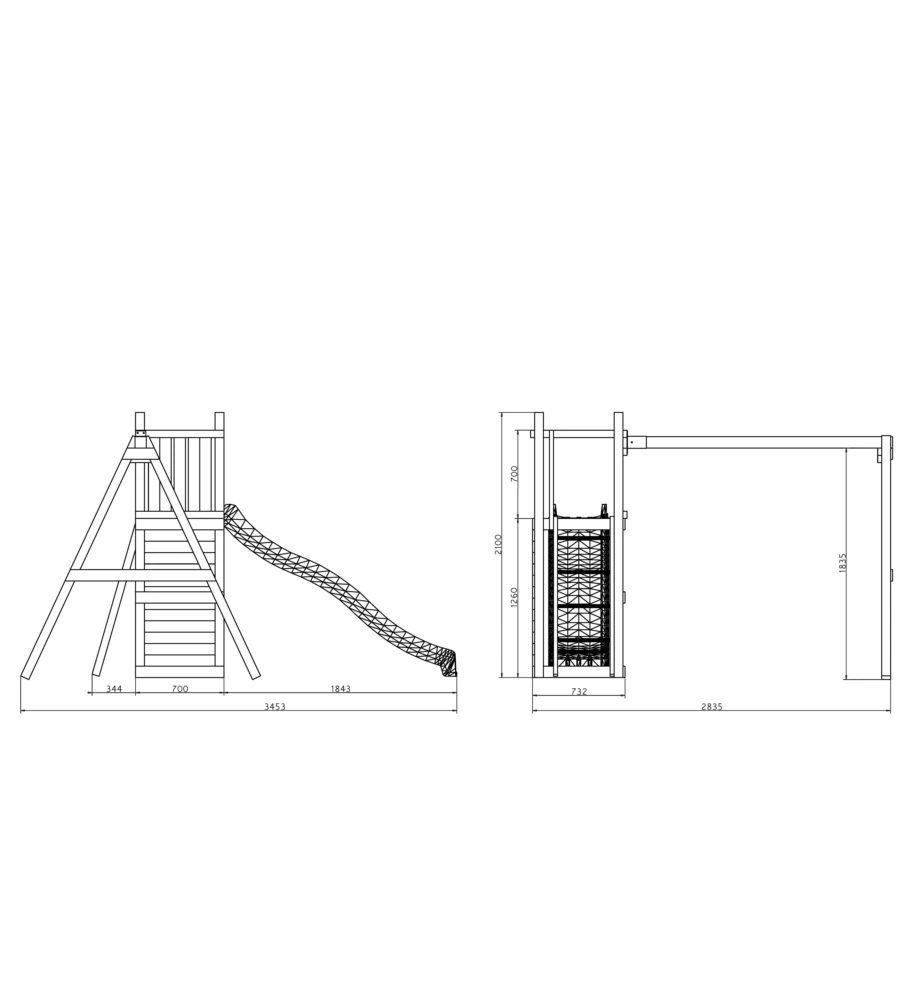 Gioco da esterno per bambini in legno "funny 3 double swing" con torretta scoperta, scivolo e altalena doppia, 345x284x210 cm